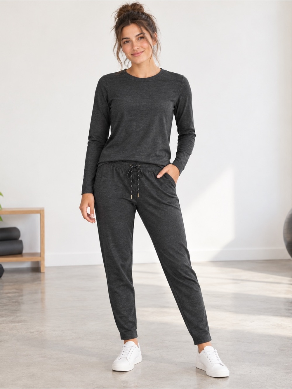 FLX Women’s Medium 2 Piece Activewear Set Long Sleeve Top Jogger Pants Gray